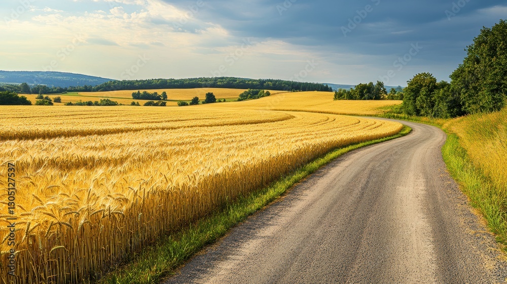 Obraz premium Scenic Countryside Road Through Golden Wheat Field Under Soft Blue Sky with Clouds