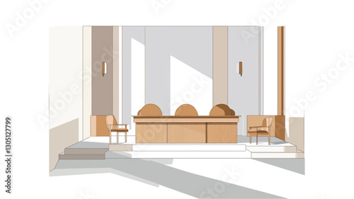 A digitally rendered illustration depicting a minimalist interior design of a reception area. The scene is dominated by neutral beige and off-white tones.  The illustration features a