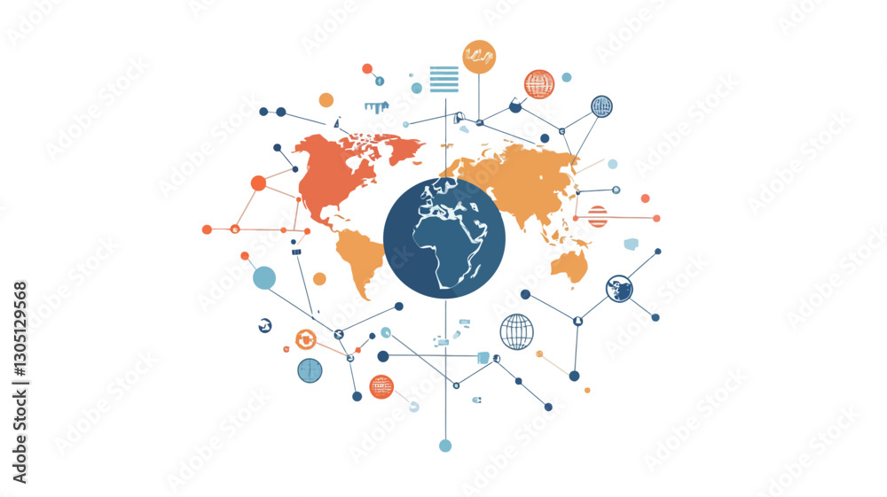 An abstract illustration depicting a stylized world map at the center, surrounded by interconnected nodes and lines representing a global network. The color palette consists primarily of An abstract illustration depicting a stylized world map at the center, surrounded by interconnected nodes and lines representing a global network. The color palette consists primarily of