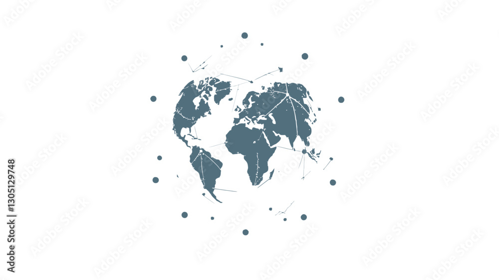 The image depicts a stylized world map rendered in shades of blue and gray. The map is presented as a sphere, with connecting lines and dots forming a network pattern around it. The style The image depicts a stylized world map rendered in shades of blue and gray. The map is presented as a sphere, with connecting lines and dots forming a network pattern around it. The style