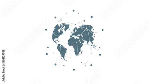 The image depicts a stylized world map rendered in shades of blue and gray. The map is presented as a sphere, with connecting lines and dots forming a network pattern around it.  The style