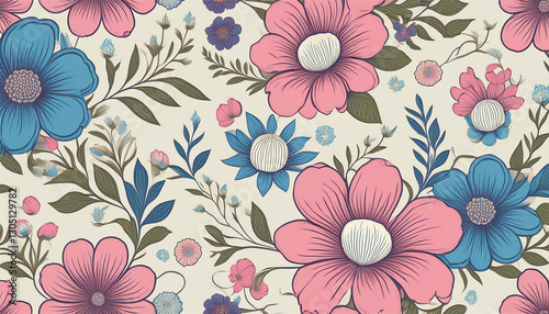 Wallpaper Mural vintage floral pattern with pink and blue flowers Torontodigital.ca