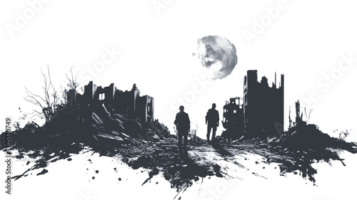 The image is a monochrome illustration depicting a desolate landscape under a large full moon.  The style is reminiscent of ink or charcoal drawing, featuring rough textures and stark