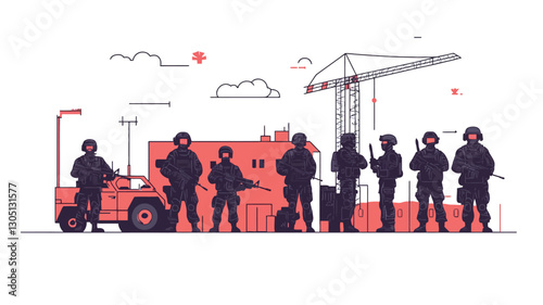 The image is a vector illustration featuring a group of silhouetted soldiers standing in front of a partially constructed building. A construction crane is visible in the background. A