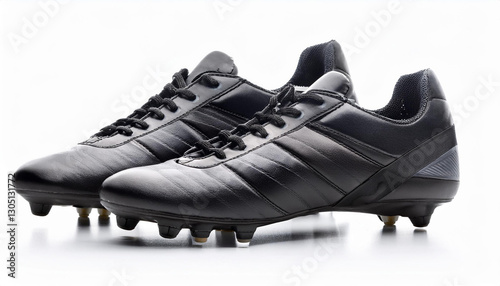 pair of new unbranded black leather football shoes or soccer boots isolated on white background