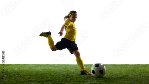 Confident girl in sports uniform controlling ball with precision  playing soccer on grassy surface against white studio background. Concept of sport  childhood  motion  competition  activity