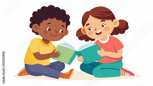 Two children sit huddled together sharing a new activity book and bursting into fits of giggles as they complete each page.. Vector illustration