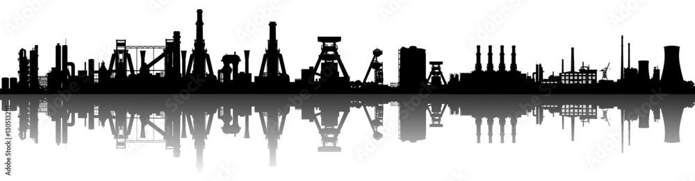 Obraz premium Vektor Silhouette Industrie Ruhrgebiet Spiegelung - Skyline Panorama Hochöfen Fördertürme und Fabriken im Ruhrpott - Industriegeschichte im Wandel - Technik und Denkmal