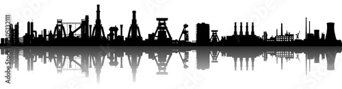 Vektor Silhouette Industrie Ruhrgebiet Spiegelung - Skyline Panorama Hochöfen Fördertürme und Fabriken im Ruhrpott - Industriegeschichte im Wandel - Technik und Denkmal