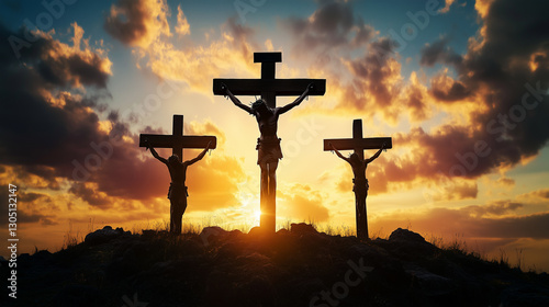 It is an intense and dramatic depiction of Golgota's execution of the cross, with three crosses silhouetted against the backdrop of a breathtaking sunset sky.