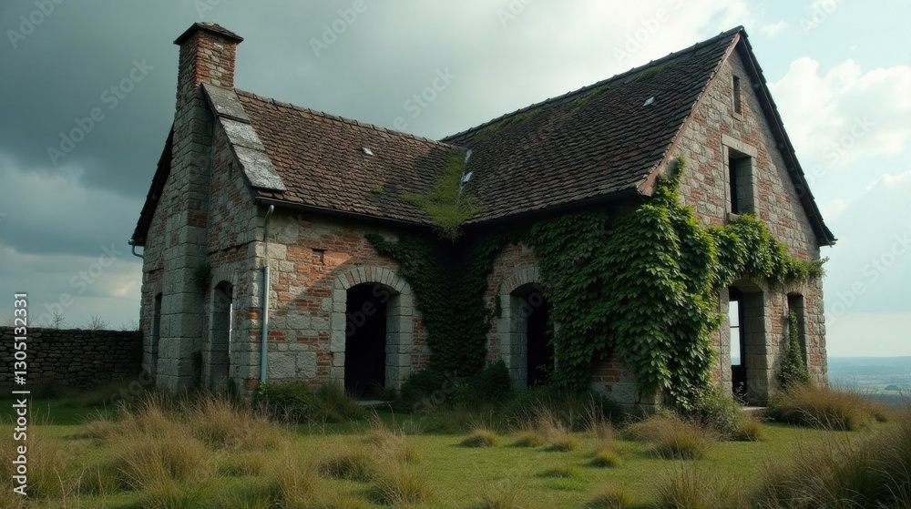 An Overgrown Stone Structure with a Weathered Roof, Nestled in a Field of Wild Grass Under a Cloudy Sky An Overgrown Stone Structure with a Weathered Roof, Nestled in a Field of Wild Grass Under a Cloudy Sky