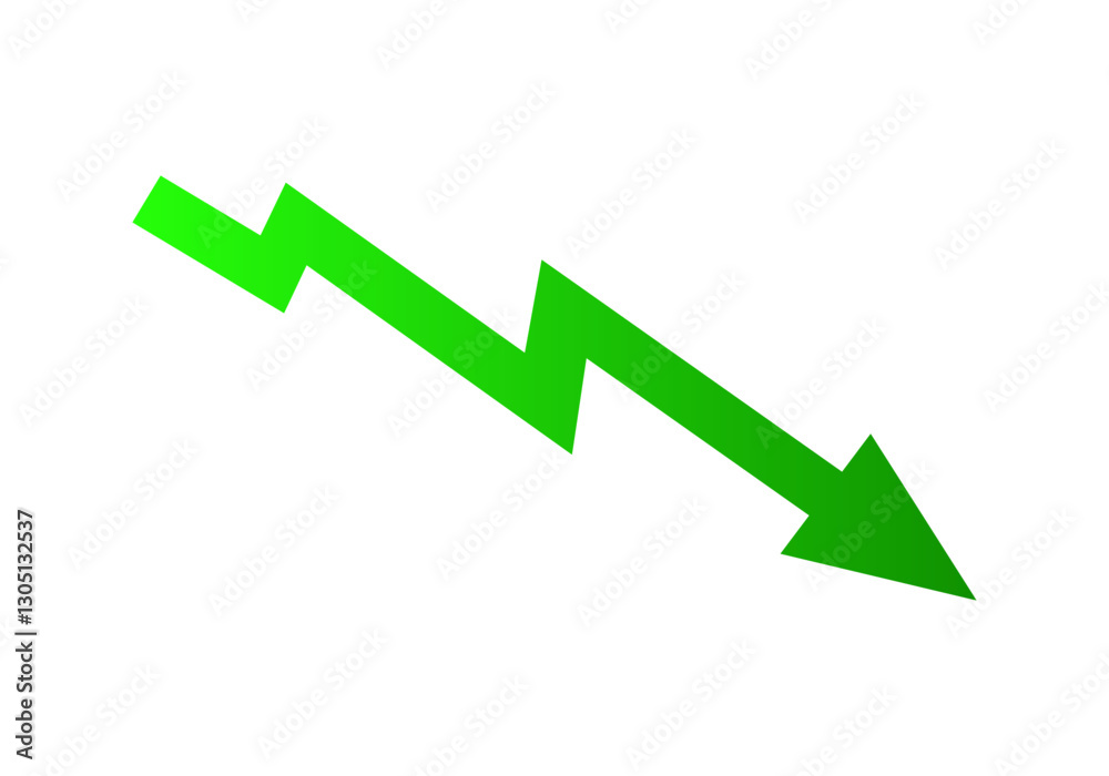 A vivid green zigzag arrow pointing downward, indicating a decrease or downward trend. A vivid green zigzag arrow pointing downward, indicating a decrease or downward trend.