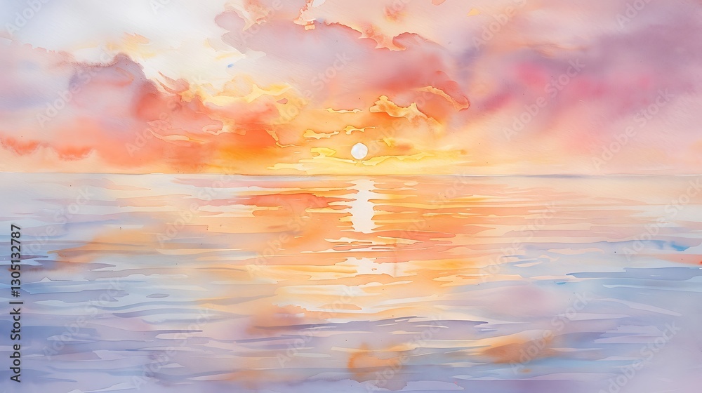 Obraz premium Serene Sunset Watercolor: A Peaceful Ocean Scene at Twilight