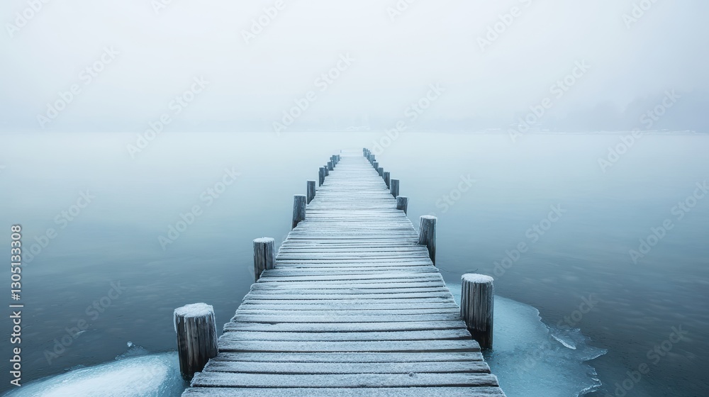 Obraz premium Serene Winter Pier Surrounded by Mist Over Calm Water with Frosted Wooden Planks and Ice