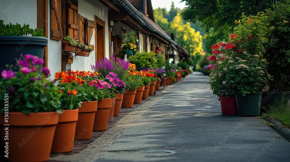 Colorful Flower Pots Lining a Serene Pathway in a Charming Village Setting Colorful Flower Pots Lining a Serene Pathway in a Charming Village Setting
