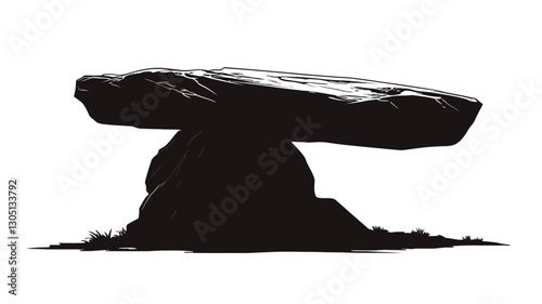 A monochrome, high-contrast image depicting a large, horizontally oriented rock precariously balanced atop a smaller, vertically oriented rock. The image is a silhouette, showing minimal