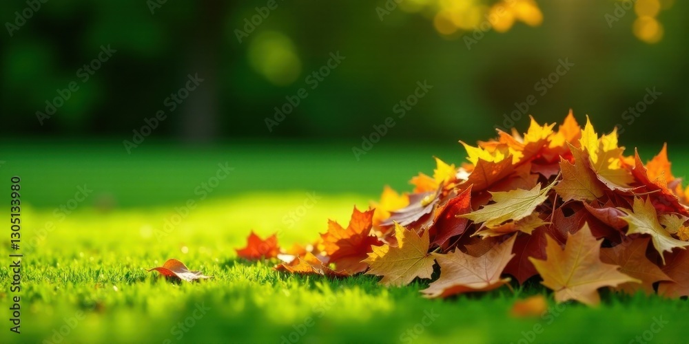 Autumnal foliage rests gently on vibrant green grass, bathed in the warm glow of sunlight. A picturesque scene of fall colors. Autumnal foliage rests gently on vibrant green grass, bathed in the warm glow of sunlight. A picturesque scene of fall colors.