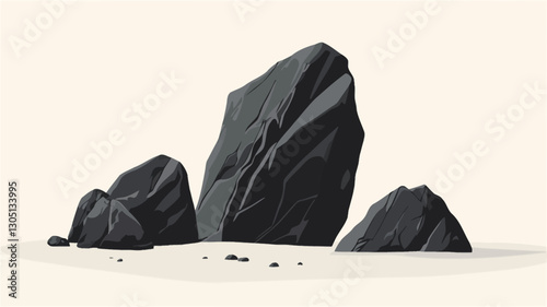 Digital illustration depicting three dark grey rocks of varying sizes against a pure white background.  The rocks are rendered in a simplistic, almost cartoonish style, with smooth,