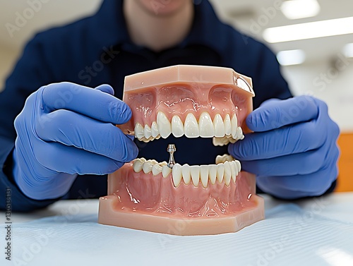 Student examines dental implant model