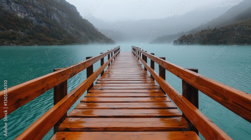 Fototapeta premium Tranquil wooden pier extending into misty lake, surrounded by mountains