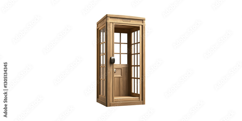 Obraz premium Vintage wooden telephone booth with glass panels isolated on transparent background