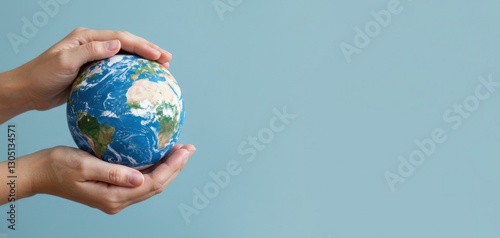 Human hands embracing a handmade earth globe on light blue background. Earth Day, World Environment Day. Renewable and sustainable resources. Environmental care and protection. Banner, copy space.    