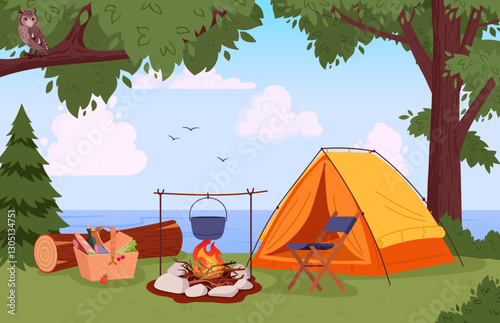 Camp site. Nature camping landscape with tent and campfire, summer forest camp flat vector illustration. Cartoon camping view