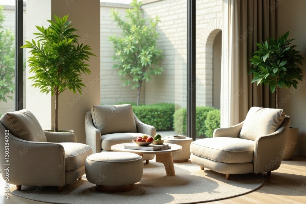 Obraz premium Serene Living Room with Natural Light and Lush Greenery Featuring Comfortable Armchairs and a Coffee Table