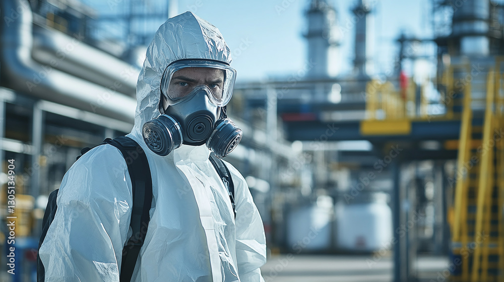 Worker in protective suit with gas mask stands confidently at a factory, ensuring safety and compliance in a potentially hazardous environment. Worker in protective suit with gas mask stands confidently at a factory, ensuring safety and compliance in a potentially hazardous environment.