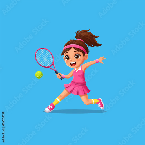 Girl Cartoon Playing Tennis with Racket and Ball Illustration