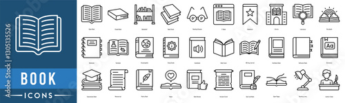 book icon set. Open Book, Closed Book, Bookshelf, Book Stack, Reading Glasses, E-Book, Bookmark, Library, Literature, Storybook, Notebook and Textbook