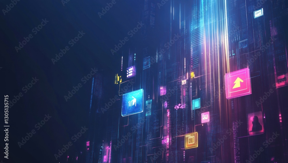 Abstract digital interface with glowing icons and lines. Futuristic technology concept. Abstract digital interface with glowing icons and lines. Futuristic technology concept.