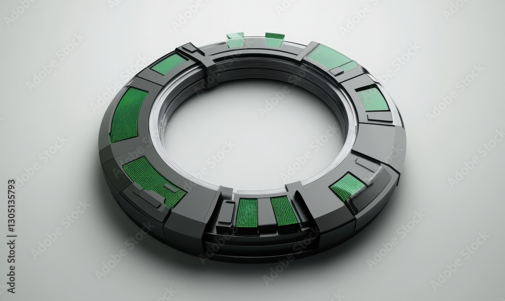 Naklejka premium Futuristic circular device with green panels on a plain background