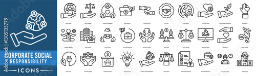 Corporate Social Responsibility icon set. Social Impact, Ethical Business, Community Engagement, Green Business, Charitable Giving, Fair Trade and Sustainability