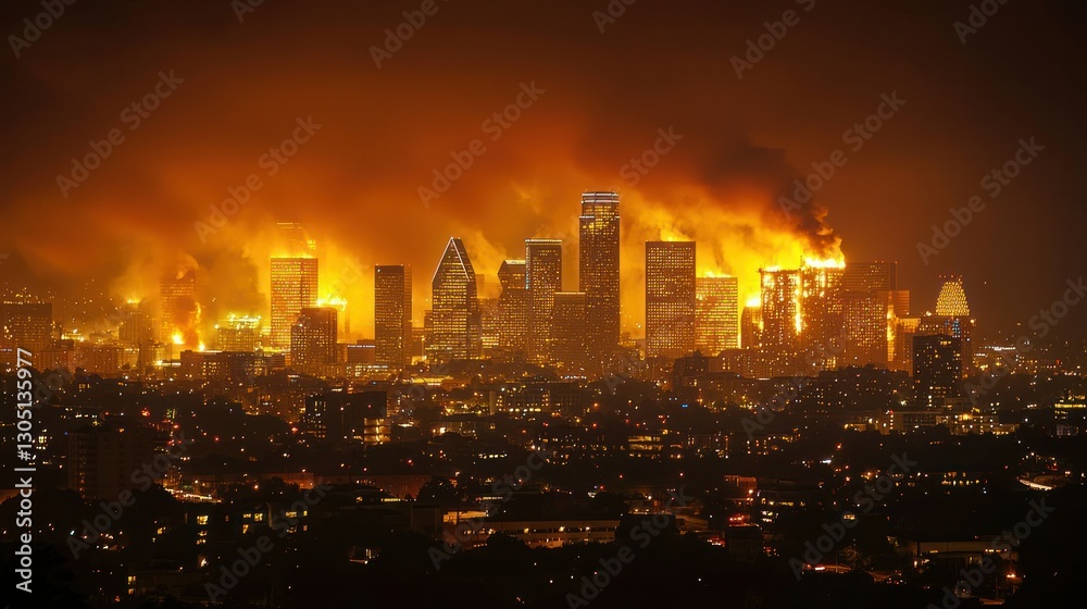 Fototapeta premium A dramatic scene of a nighttime city skyline burning, with flames consuming skyscrapers.