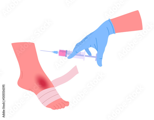 Injured foot medical treatment. Doctor gives injection to injured patient, medical treatment for leg injury flat vector illustration. Cartoon first aid for trauma