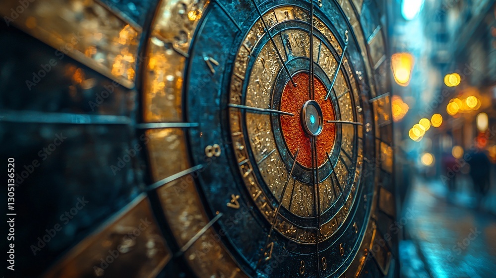 Obraz premium Close-Up View of Vintage Dartboard with Red Center and Numbered Sections in Dimly Lit Urban Street