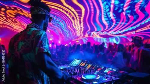 A photo of a DJ playing an energetic set inside a vibrant, neon-lit tent, with people dancing under swirling laser lights at Glastonbury Festival 2025 late at night