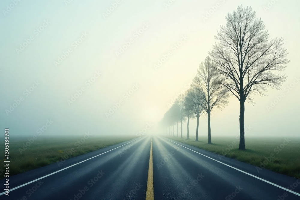 Fototapeta premium Asphalt Pathway Through Misty Morning Landscape With Bare Trees Lining The Road
