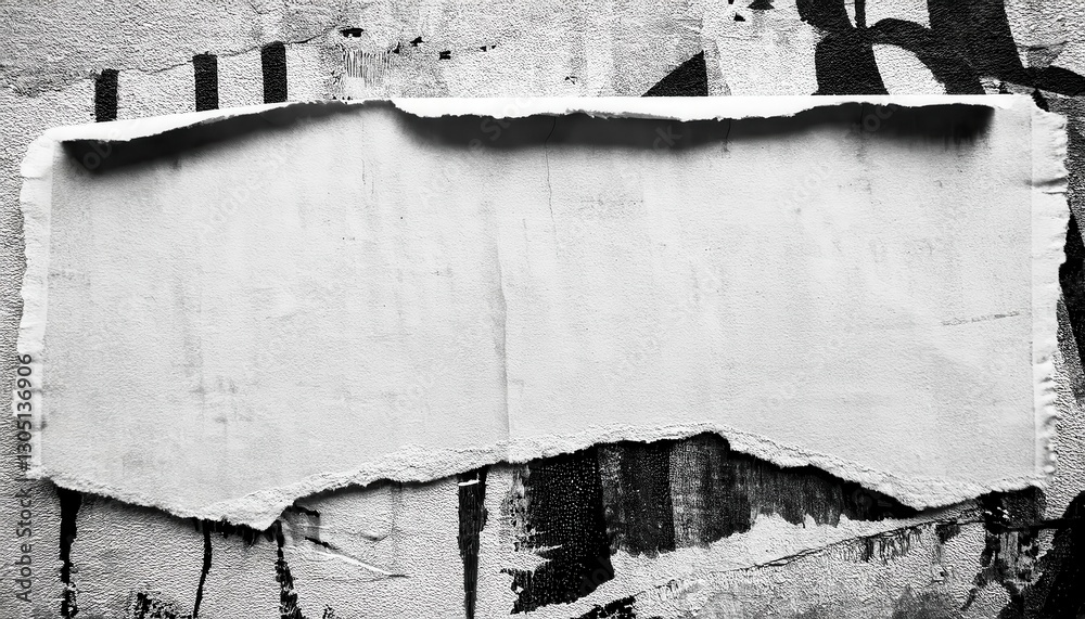 Obraz premium torn white paper on urban grunge wall with abstract black graffiti, blank ripped poster template, textured street art frame