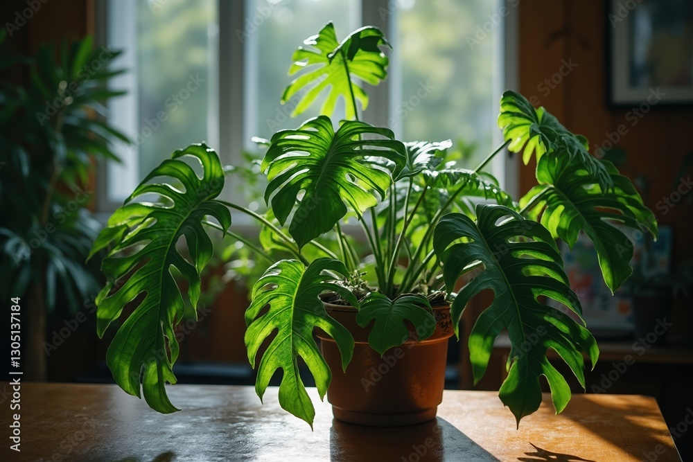Fototapeta premium A Potted Plant Sitting on a Table in Front of a Window - Generative AI