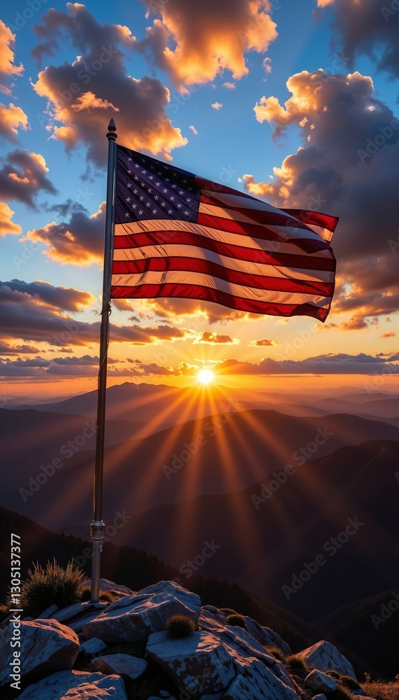 Obraz premium American Flag Waving in the Wind on a Mountain Peak at Sunset, Representing Patriotism, National Pride, and the Spirit of Independence on a Symbolic and Majestic Landscape 