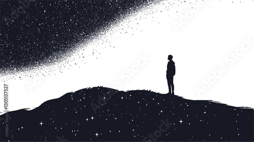 The image is a monochrome digital illustration depicting a single, dark silhouette of a person standing on a gently sloping hill.  The background features a stark contrast between a dark,