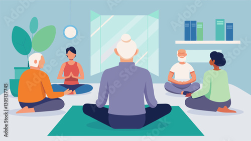 The meditation room filled with soft calming music as the instructor leads the seniors through a visualization exercise.. Vector illustration