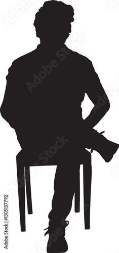 vector; silhouette; front view of man with curly hair sitting on a chair