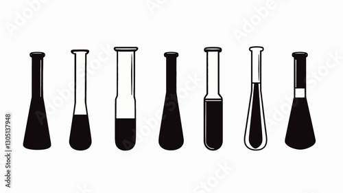 A digital illustration depicting a row of various types of laboratory glassware. The glassware is rendered in black and white, with simple, solid outlines.  The image shows different shapes