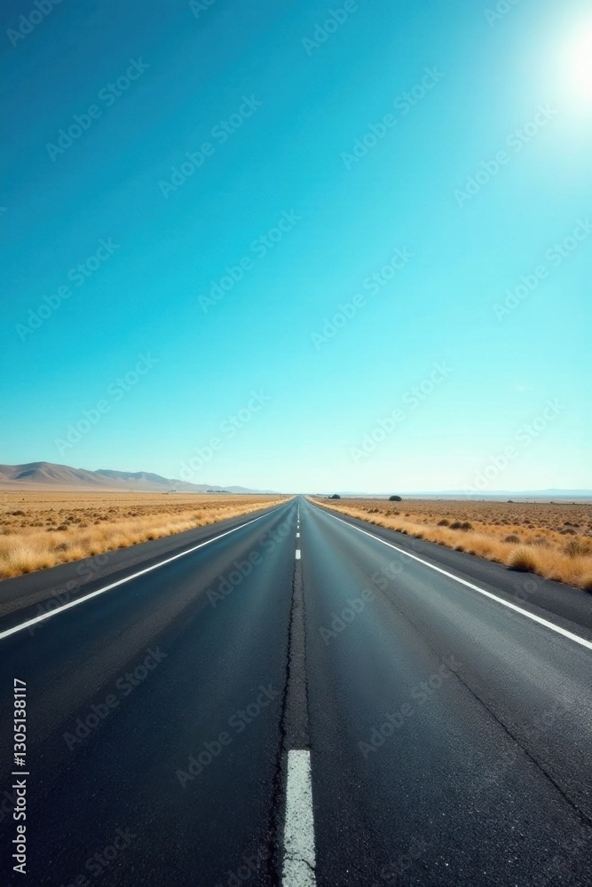 Fototapeta premium Endless Asphalt Highway Under a Vibrant Blue Sky Beckoning Towards a Distant Horizon
