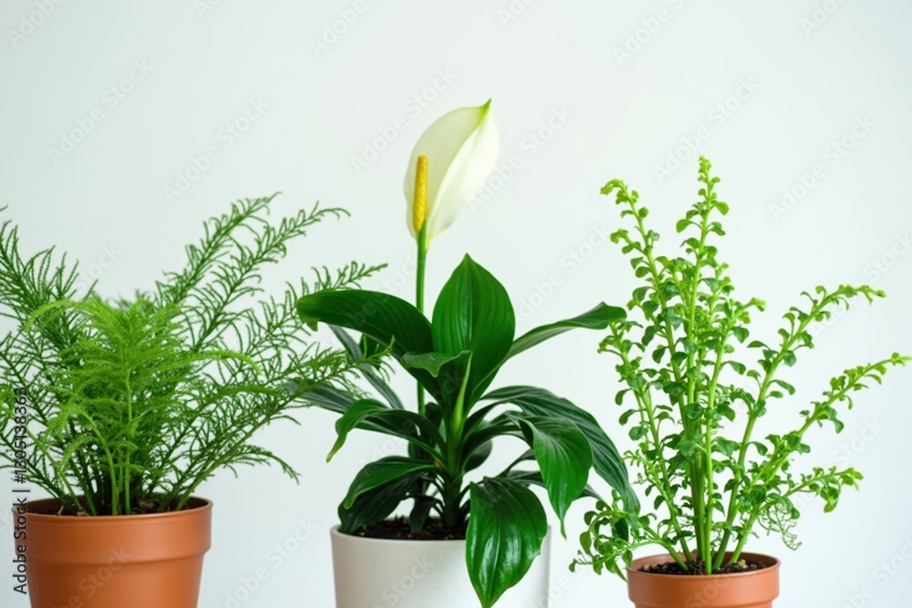 Fototapeta premium Three Potted Plants Sitting on a Table Against a White Wall - Generative AI
