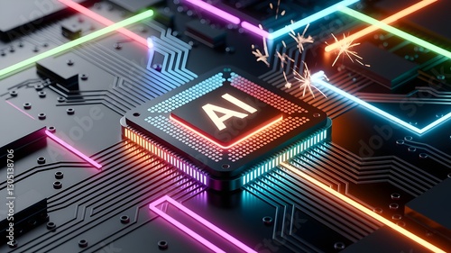AI word on microchip and colorful light spread with strong beam , AI concept with copyspace banner background, Generative AI.