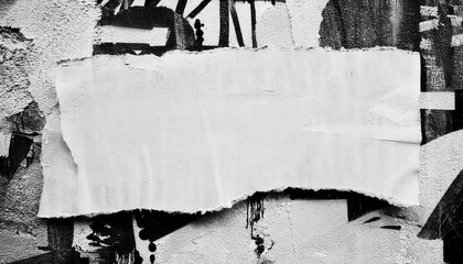 torn white paper on urban grunge wall with abstract black graffiti, blank ripped poster template, textured street art frame

